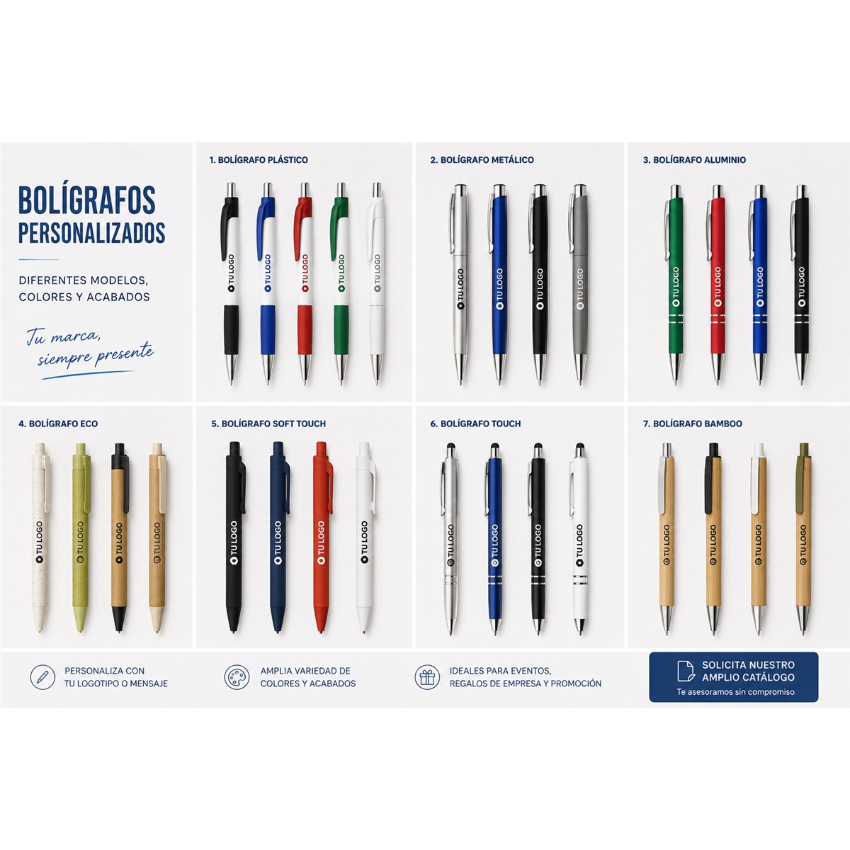 Catálogo de bolígrafos personalizados en distintos materiales y colores