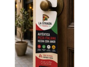 Colgador personalizado publicitario colocado en el pomo de una puerta