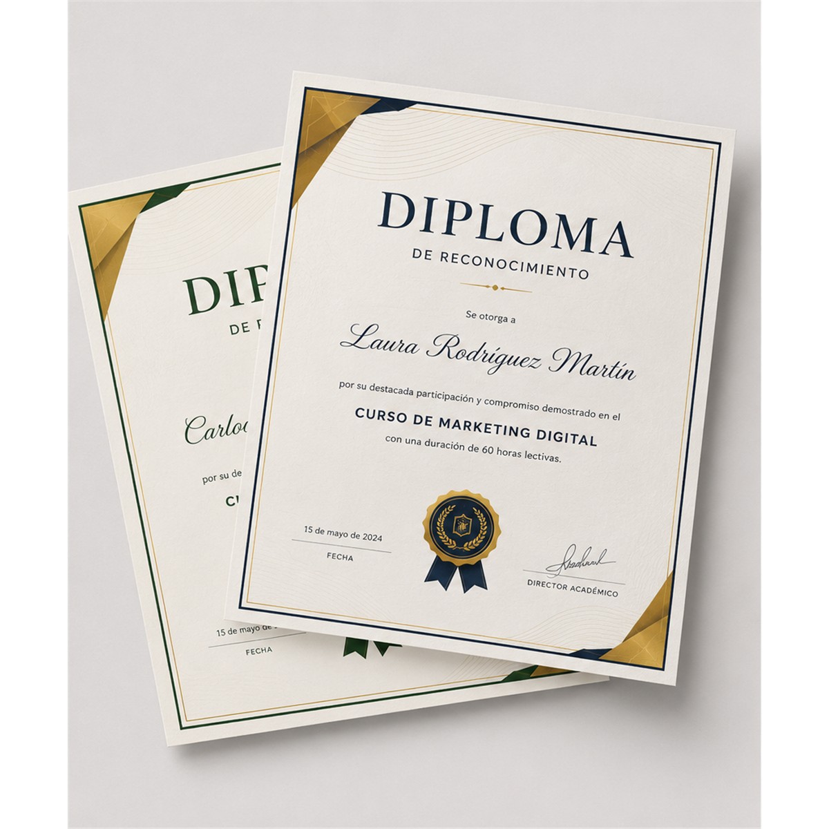 Dos diplomas personalizados impresos a color