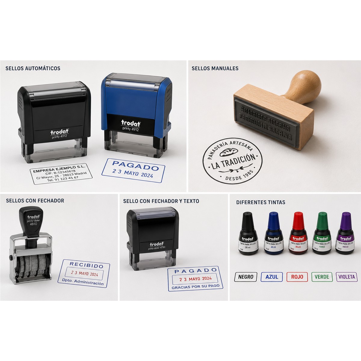 Sellos de caucho personalizados automáticos, manuales y con fechador