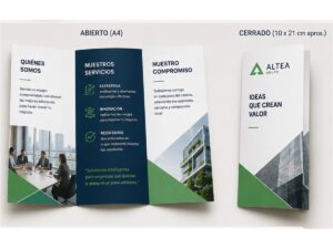 Tríptico personalizado abierto en A4 y cerrado en 10 × 21 cm
