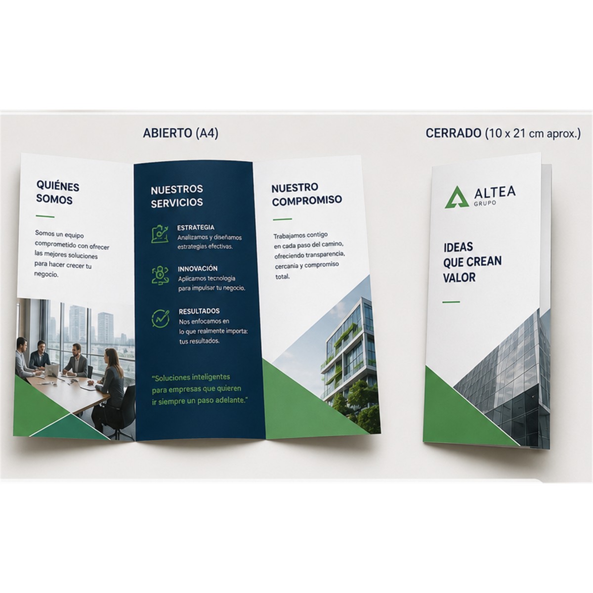 Tríptico personalizado abierto en A4 y cerrado en 10 × 21 cm